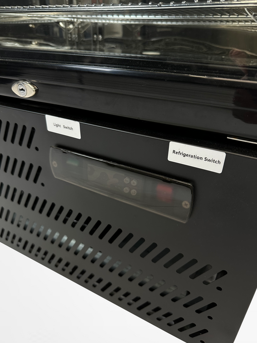 Black single-door backbar cooler fridge with LED lighting and right-hinged door view 5