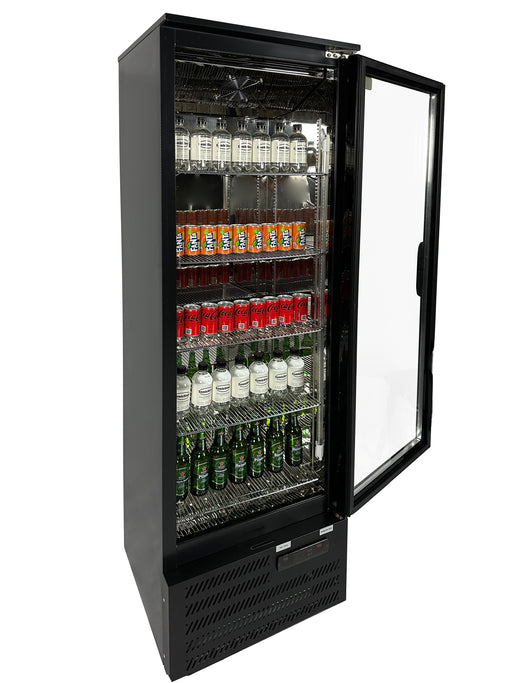 Black single-door backbar cooler fridge with LED lighting and right-hinged door view 2