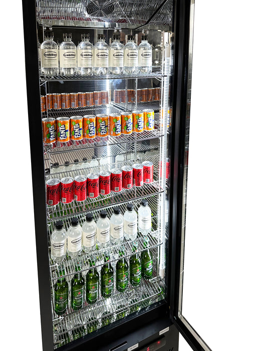 Black single-door backbar cooler fridge with LED lighting and right-hinged door view 3