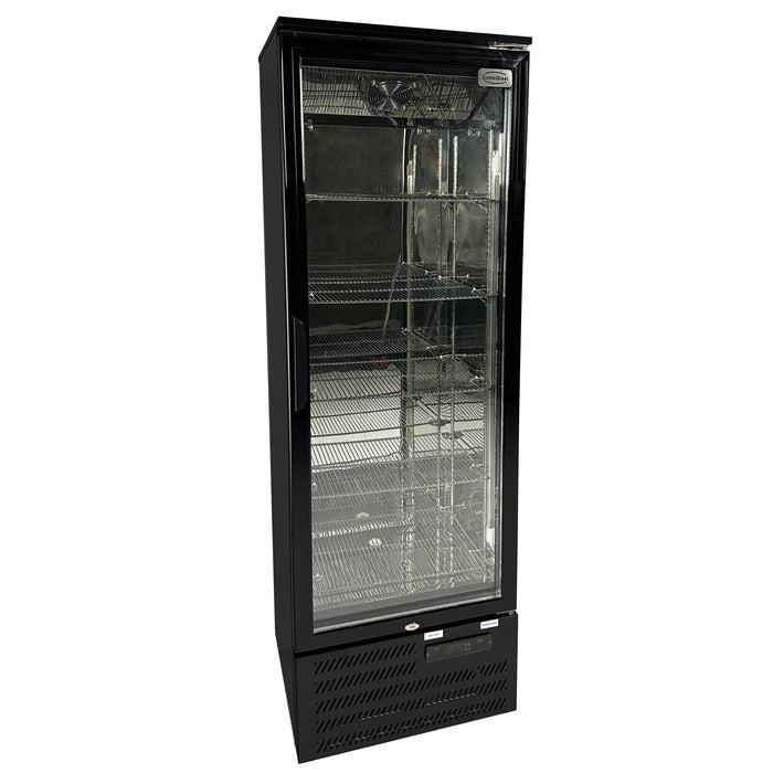 Black single-door backbar cooler fridge with LED lighting and right-hinged door view 4