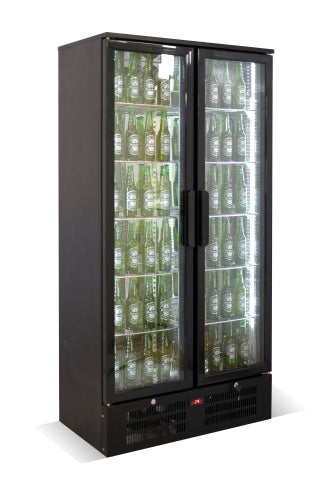 Black freestanding backbar counter fridge with two doors and LED lighting