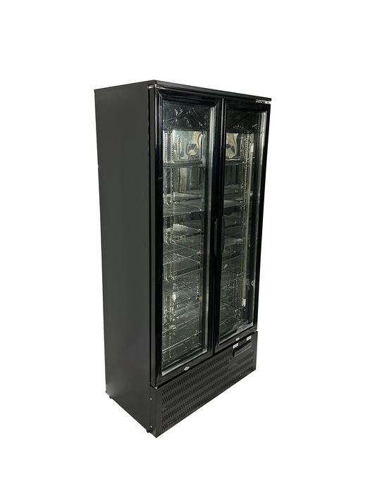 Black freestanding backbar counter fridge with two doors and LED lighting view 7