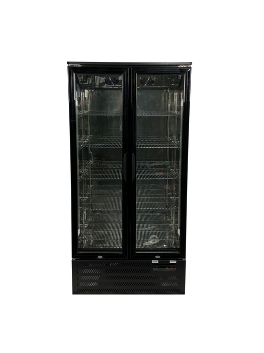 Black freestanding backbar counter fridge with two doors and LED lighting view 6