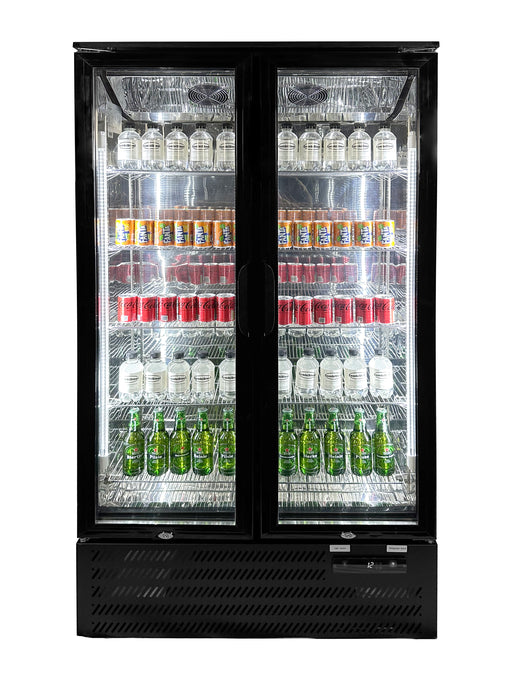 Black freestanding backbar counter fridge with two doors and LED lighting view 2