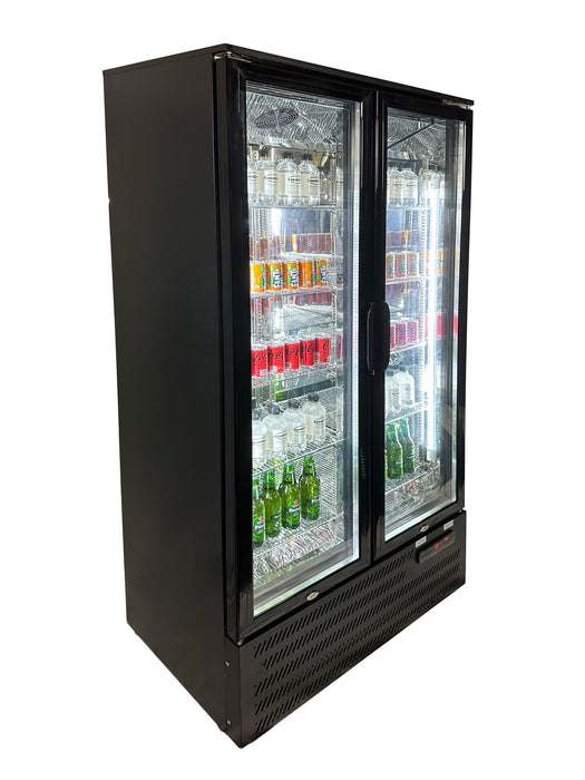 Black freestanding backbar counter fridge with two doors and LED lighting view 3