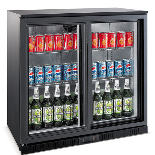 Black backbar counter fridge with two sliding glass doors and LED lighting