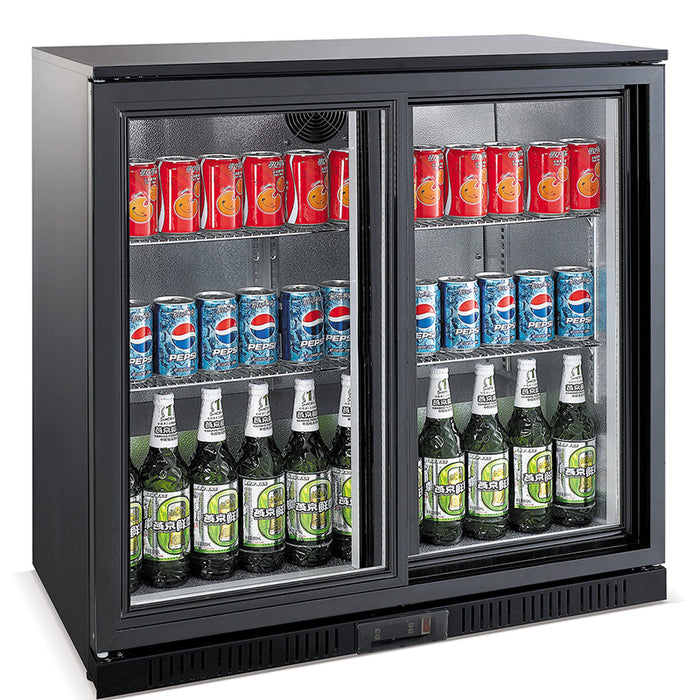 Black backbar counter fridge with two sliding glass doors and LED lighting