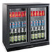 Black backbar counter fridge with two sliding glass doors and LED lighting