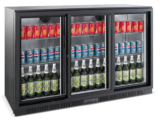 Black Combisteel backbar cooler with three sliding glass doors and LED interior lighting