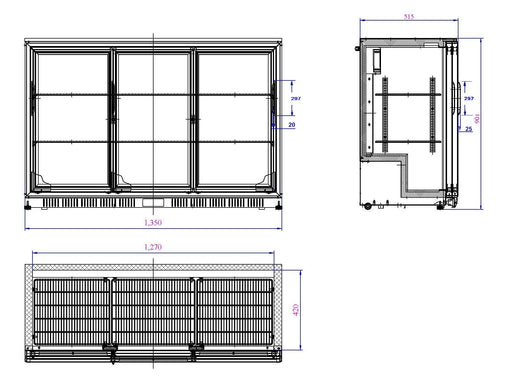 Black Combisteel backbar cooler with three sliding glass doors and LED interior lighting view 2