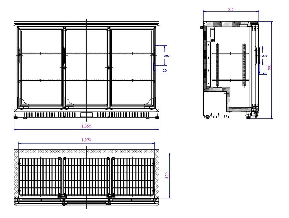 Black Combisteel backbar cooler with three sliding glass doors and LED interior lighting view 2