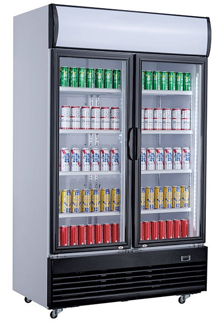 Combisteel stainless steel double glass door upright fridge with LED lighting and mobile wheels