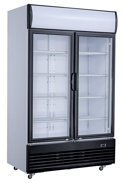 Combisteel stainless steel double glass door upright fridge with LED lighting and mobile wheels view 2