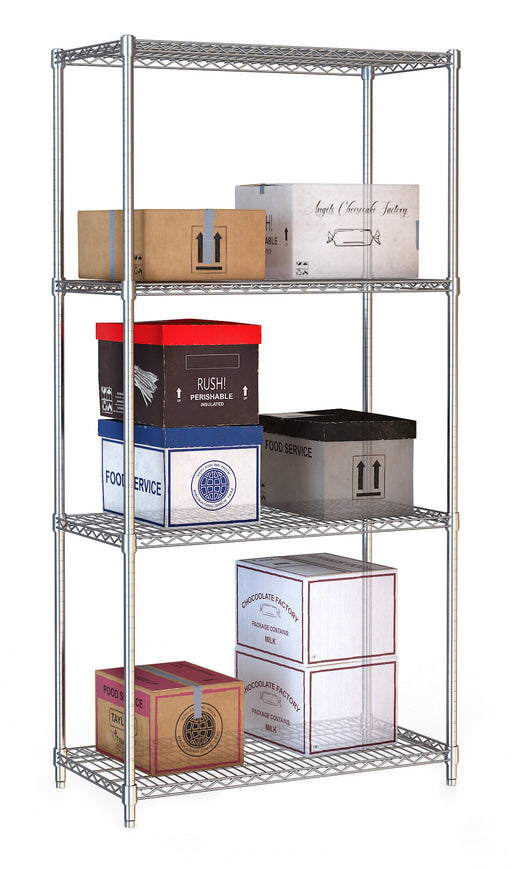 Chrome 4-tier shelf unit, 900mm wide, flat packed shelving system view 2