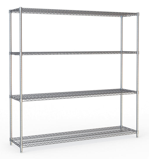 Combisteel chrome 4-level shelving unit, 1800mm wide, flat-packed.