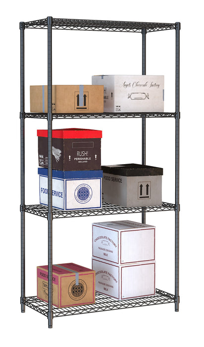 Black powder-coated steel shelving unit with four levels, 900mm width view 2