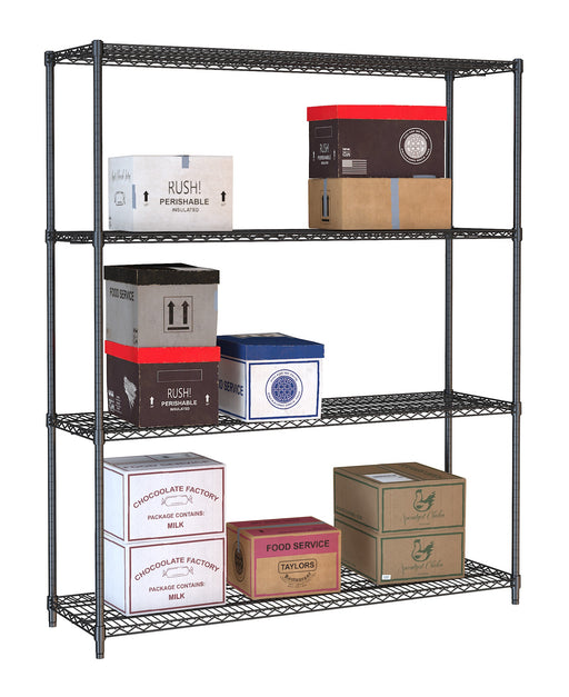 Black powder coated steel 4-tier shelving unit, 1500mm wide, 450mm deep, 1800mm tall. view 2