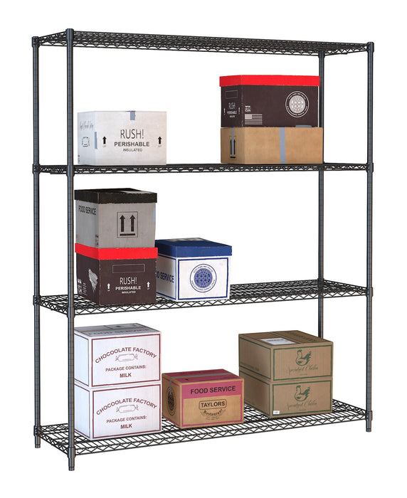 Black powder coated steel 4-tier shelving unit, 1500mm wide, 450mm deep, 1800mm tall. view 2