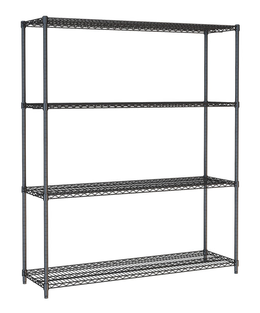 Black powder coated steel 4-tier shelving unit, 1500mm wide, 450mm deep, 1800mm tall.