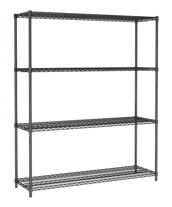 Black powder coated steel 4-tier shelving unit, 1500mm wide, 450mm deep, 1800mm tall.