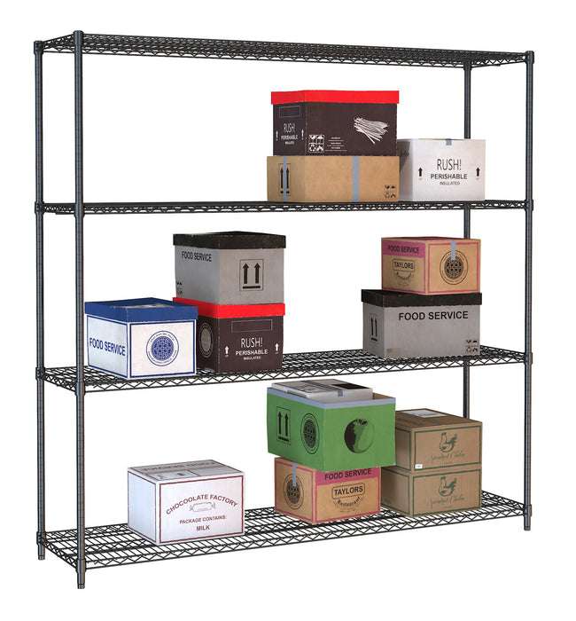 Black powder coated steel four shelf unit, 1800mm tall with 450mm depth view 2