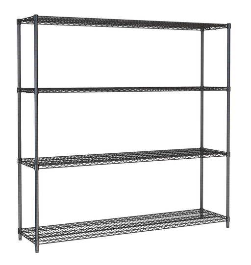 Black powder coated steel four shelf unit, 1800mm tall with 450mm depth