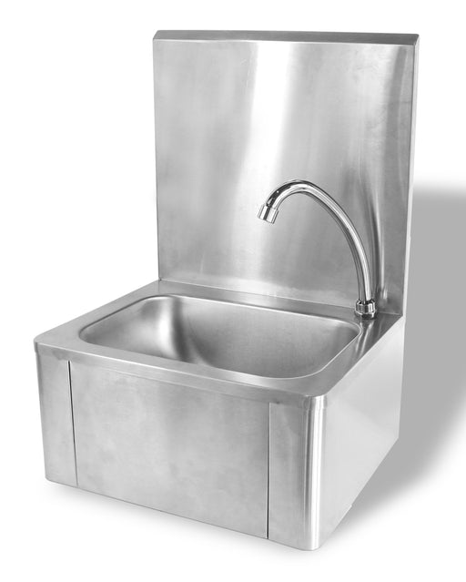 Stainless steel hand washbasin with knee operated faucet and tap assembly