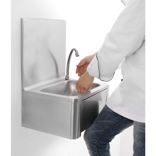 Stainless steel hand washbasin with knee operated faucet and tap assembly view 2