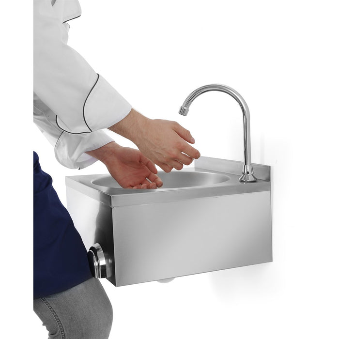 Stainless steel knee operated hand washbasin with foot pedal and chrome faucet view 2