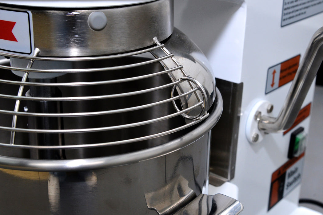 White Combisteel 10 litre planetary mixer with dough hook, whisk and flat mixing arm accessories view 6