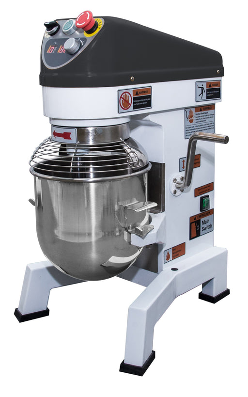White Combisteel 10 litre planetary mixer with dough hook, whisk and flat mixing arm accessories