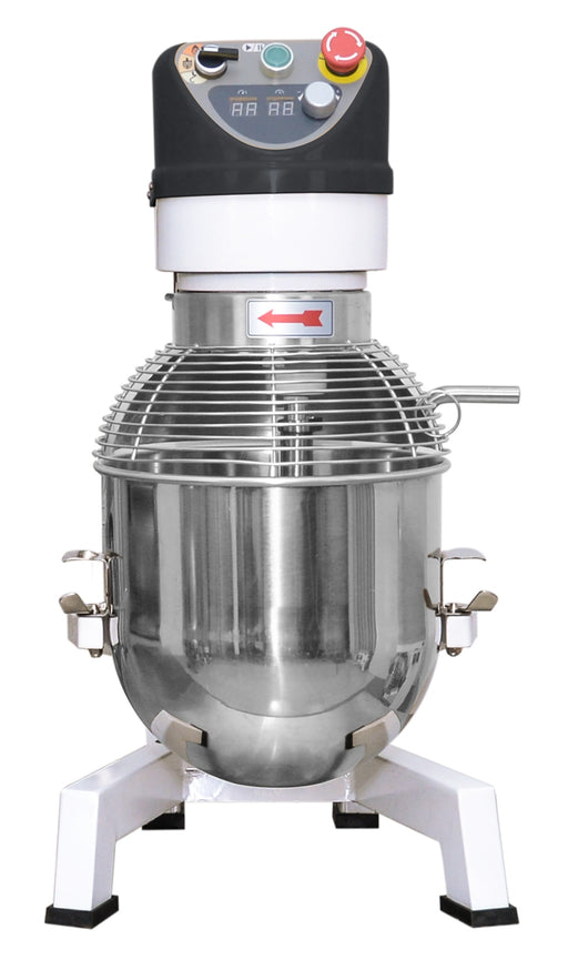 White Combisteel 10 litre planetary mixer with dough hook, whisk and flat mixing arm accessories view 2