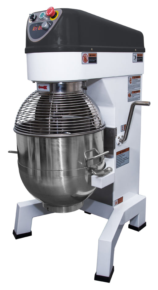 White Combisteel 40 litre planetary mixer with bowl, whisk and dough hook attachments.