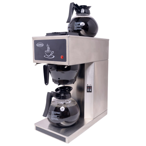 Stainless steel commercial filter coffee machine with two glass jugs, front view