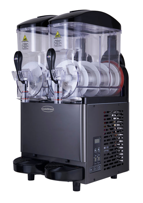 Black tabletop granita machine with two 12-litre bowls and digital display panel