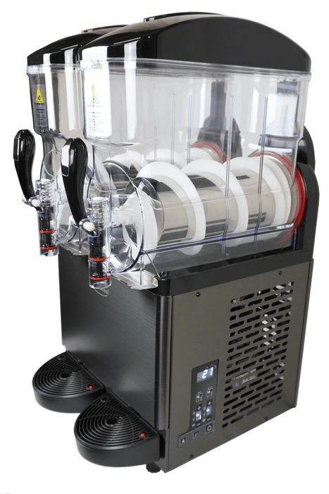Black tabletop granita machine with two 12-litre bowls and digital display panel view 5
