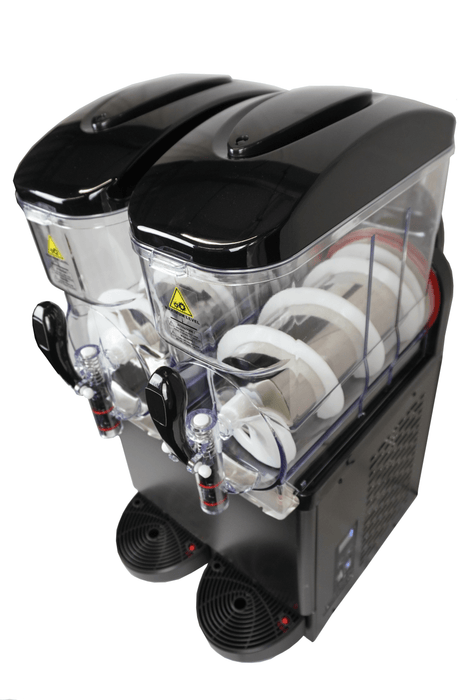 Black tabletop granita machine with two 12-litre bowls and digital display panel view 7