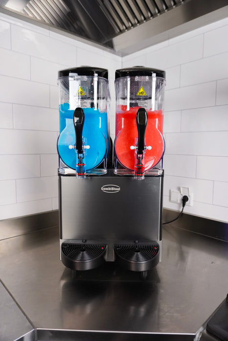 Black tabletop granita machine with two 12-litre bowls and digital display panel view 4