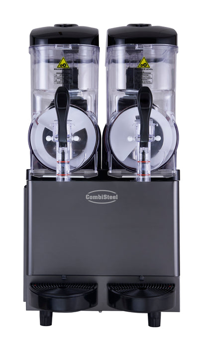 Black tabletop granita machine with two 12-litre bowls and digital display panel view 2