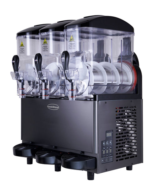 Black tabletop granita machine with three 12-litre capacity cylinders and digital display panel