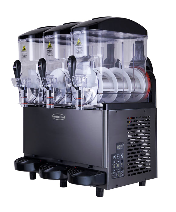 Black tabletop granita machine with three 12-litre capacity cylinders and digital display panel