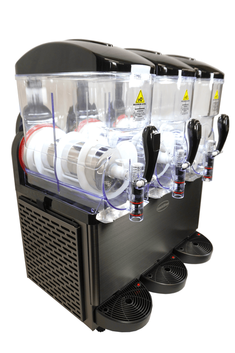 Black tabletop granita machine with three 12-litre capacity cylinders and digital display panel view 5
