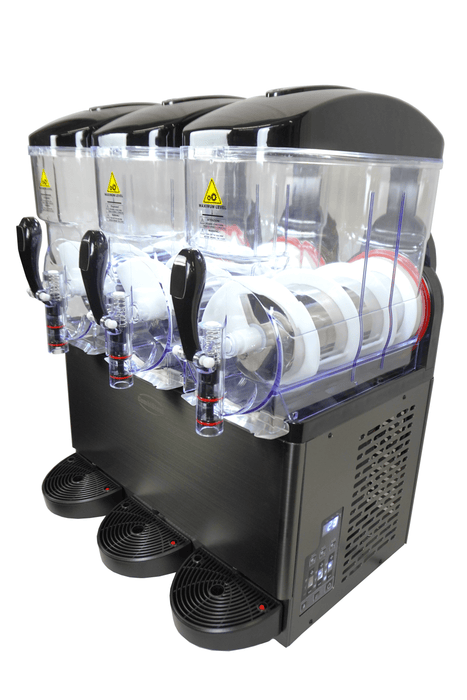 Black tabletop granita machine with three 12-litre capacity cylinders and digital display panel view 6