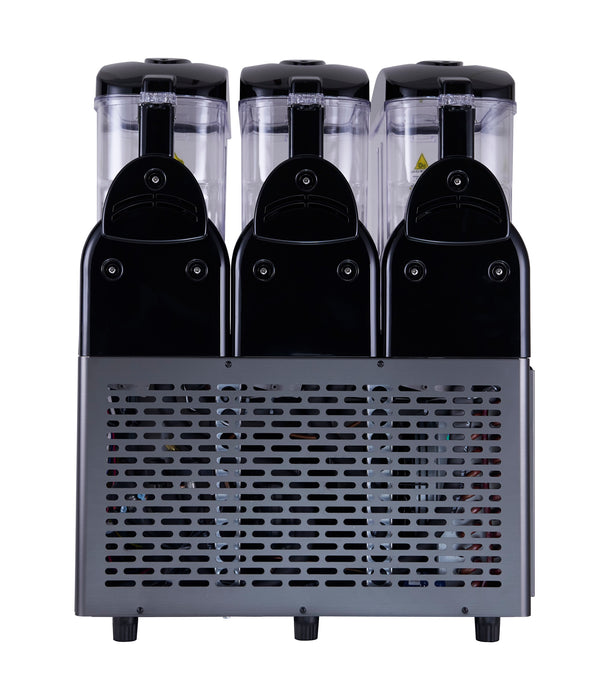 Black tabletop granita machine with three 12-litre capacity cylinders and digital display panel view 3