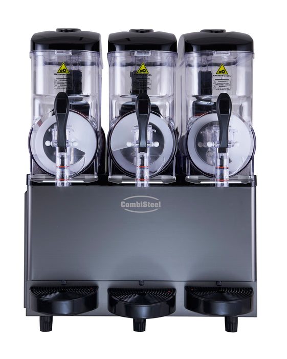 Black tabletop granita machine with three 12-litre capacity cylinders and digital display panel view 2