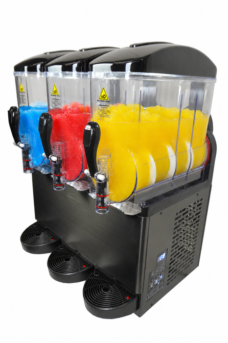 Black tabletop granita machine with three 12-litre capacity cylinders and digital display panel view 4