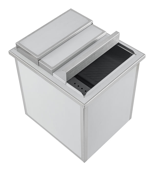 Stainless steel drop-in ice bin with drain connection, countertop installation
