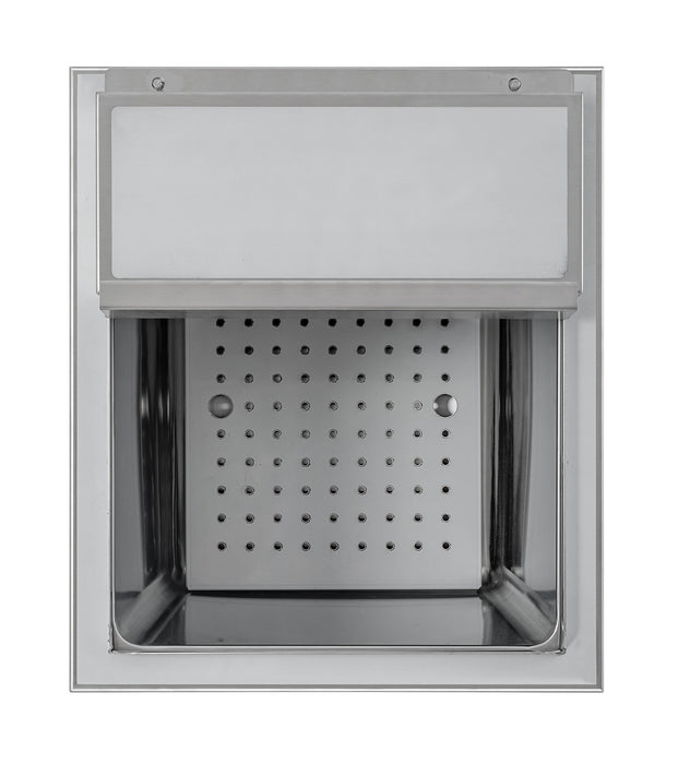 Stainless steel drop-in ice bin with drain connection, countertop installation view 2