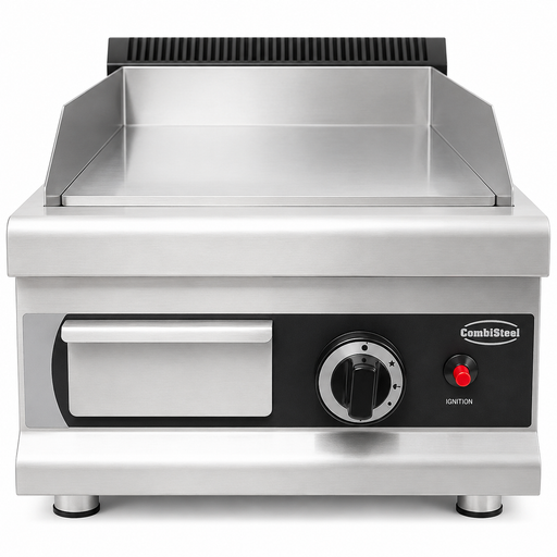 Stainless steel gas griddle with chrome cooking surface and control knob view 2
