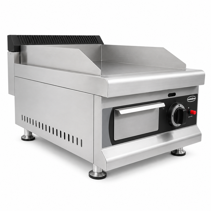 Stainless steel gas griddle with chrome cooking surface and control knob view 3